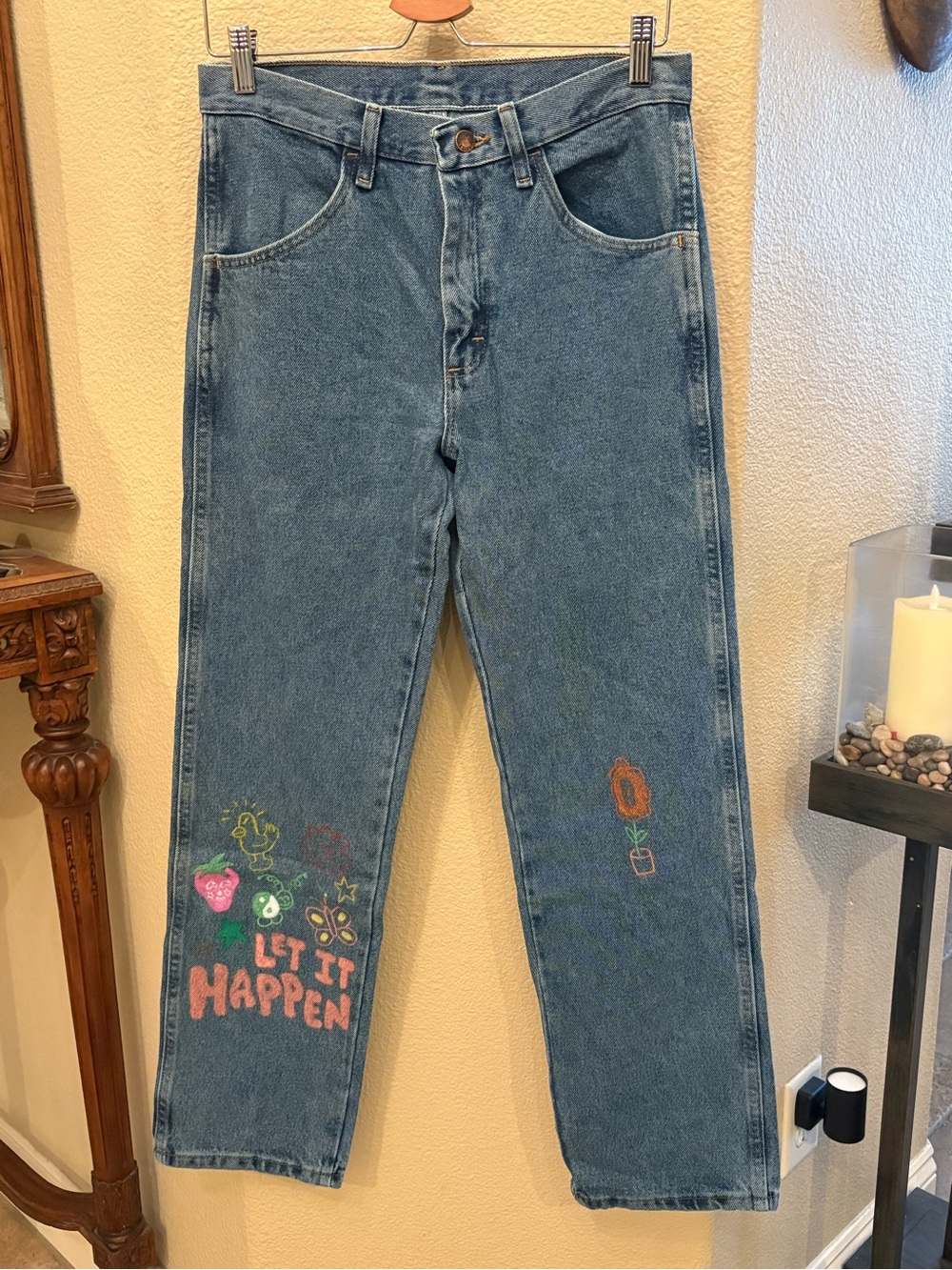 Vintage Rustler 'Let It Happen' Hand Painted Graphic Blue Jeans Size 30